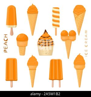 Illustrazione Vettoriale naturale per la pesca gelati su stecco, in carta bocce, coni. Gelato consistente del dolce freddo per lecca-lecca gelato, impostare una gustosa fr Illustrazione Vettoriale