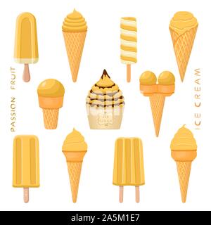 Illustrazione Vettoriale naturale per il frutto di granadiglia gelati su stecco, in carta bocce, coni. Gelato consistente del dolce freddo per lecca-lecca gelato, impostare Illustrazione Vettoriale