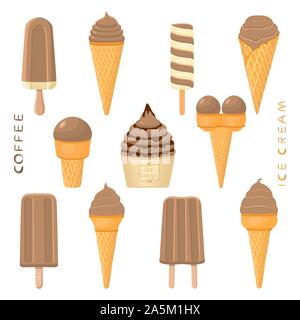 Illustrazione Vettoriale per caffè naturale gelati su stecco, in carta bocce, coni. Gelato consistente del dolce freddo per lecca-lecca gelato, impostare una gustosa f Illustrazione Vettoriale