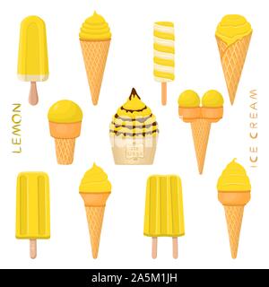 Illustrazione Vettoriale di limone naturale gelati su stecco, in carta bocce, coni. Gelato consistente del dolce freddo per lecca-lecca gelato, impostare una gustosa fr Illustrazione Vettoriale