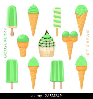 Illustrazione Vettoriale per uva spina naturale gelati su stecco, in carta bocce, coni. Gelato consistente del dolce freddo per lecca-lecca gelato, impostare tas Illustrazione Vettoriale