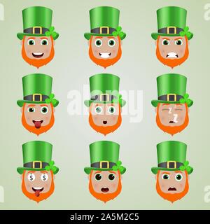 Set di carino leprechaun emoticon. San Patrizio. Varie le emozioni del personaggio. Set di icone di avatar. Illustrazione Vettoriale. Illustrazione Vettoriale