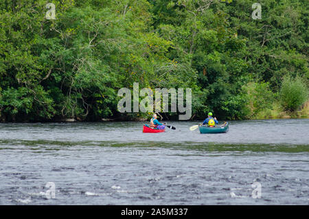 Persone discese in canoa lungo il fiume Tay vicino Pitlochry Perthshire Scozia UK Foto Stock