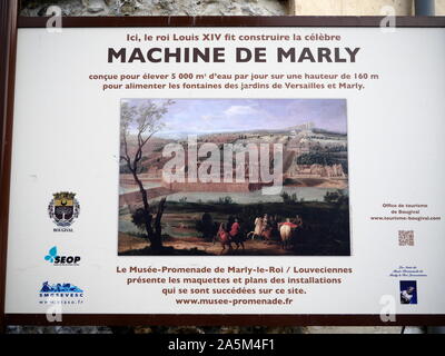 AJAXNETPHOTO. 2019. BOUGIVAL, Francia. - Macchina DE MARLY - avviso pubblico-BOARD annunciando il restauro di edifici storici che si affaccia sul Fiume Senna, parte della macchina originale DE MARLY acquedotto complesso costruito in 17TH CNTURY ALLA POMPA ACQUA DI ALIMENTAZIONE IN SALITA DEI GIARDINI DI VERSAILLES E DI MARLY, adiacente al D113 confinante con il fiume Senna; le posizioni una volta frequentata da XIX secolo artisti impressionista Alfred Sisley, Camille Pissarro, Auguste Renoir, Claude Monet, FAUVIST MAURICE DE VLAMINCK e molti altri.foto:JONATHAN EASTLAND/AJAX REF:GX8 192609 676 Foto Stock