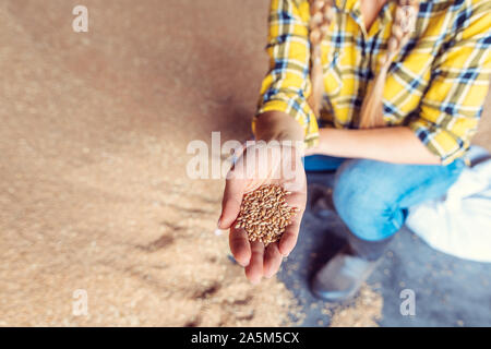 Mano del contadino che mostra la qualità dei grani di grano Foto Stock