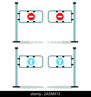 Illustrazione Vettoriale set di shop cancello di ingresso con la freccia bianca sul tondo blu e stop rosso isolato su sfondo bianco. Tornello. Andare e smettere di ba Illustrazione Vettoriale