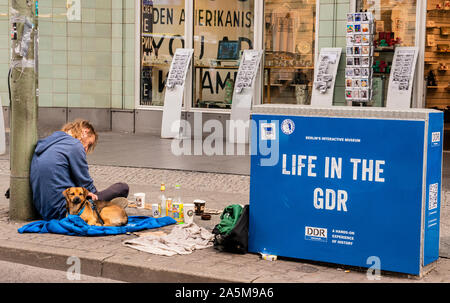 Senzatetto uomo e cane nella parte anteriore del negozio di souvenir, Checkpoint Charlie, Berlin, Germania Foto Stock