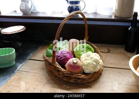 Appena raccolto le verdure in un cesto di vimini che giace di fronte a una finestra - Giovanni Gollop Foto Stock