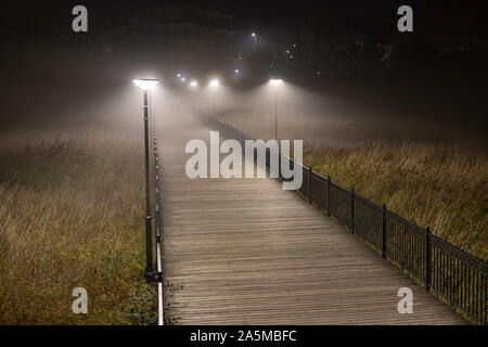 Passerella in legno illuminato dalla luce di una lanterna nella nebbia. Il passaggio al di sopra delle zone umide di notte nella nebbia. La stagione autunnale. Foto Stock