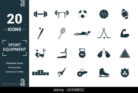 Attrezzature sportive icon set. Includere elementi creativi manubri, calcio, baseball, hockey, cyclette icone. Può essere utilizzato per il report Illustrazione Vettoriale