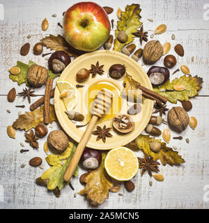 Composizione di autunno con noci, miele, semi, spezie, ghiande, castagne, frutti e foglie di autunno. Vista superiore, piatto laici. Foto Stock