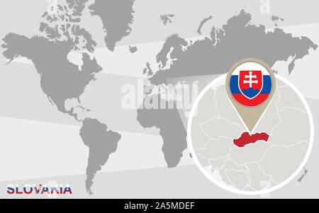 Mappa del mondo con ingrandito della Slovacchia. Bandiera della Slovacchia e la mappa. Illustrazione Vettoriale