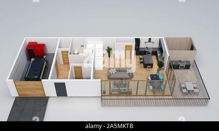 3d planimetria, vista isometrica della casa con garage, terrazza, sdraio, cucina esterna e le scale che portano al secondo piano, 3D Rendering 3D illustrazione Foto Stock