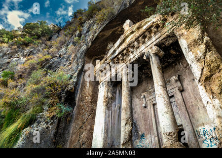 Amyntas Lycian Rock tomba in Fethiye, Riviera Turca, Turchia Foto Stock