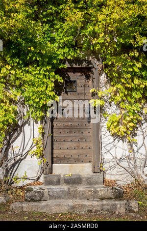 Vecchia porta di legno, Saint-Benoît-du-Sault, Indre, Francia Foto Stock