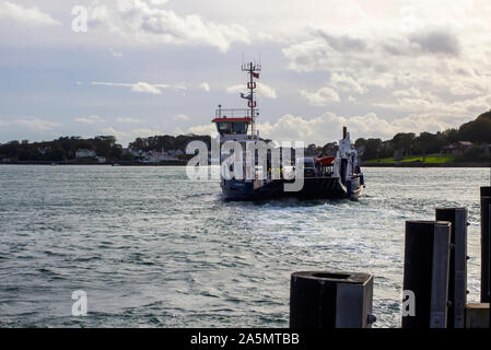 11 ottobre 2019 il famoso mare piccolo traghetto in uscita Portaferry Harbour per rendere il breve 15 minuti di traversata a Strangford nella contea di Down Irlanda Foto Stock