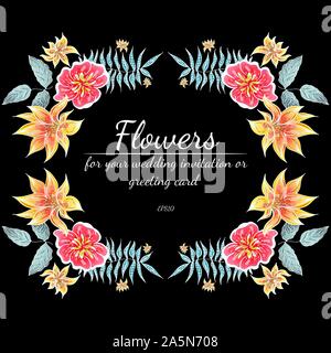 Telaio tropicali disegnati a mano. Il fogliame della giungla illustrazione. Bordo floreale. Disegno a mano. Il vettore isolato. Molla naturale scheda di nozze. In estate le tropicali Illustrazione Vettoriale