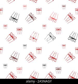 Modello senza giunture dal rosso, scatole nere con doni e archi. Sfondo in vettoriale EPS. 10 Illustrazione Vettoriale