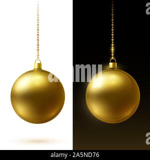 Realistica opaca rosso palle di Natale appeso su oro perle catene. Illustrazione Vettoriale