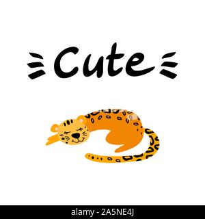 Carino sleeping leopard con scritte. Cartoon animale isolato su sfondo bianco. Appartamento illustrazione vettoriale. Illustrazione Vettoriale