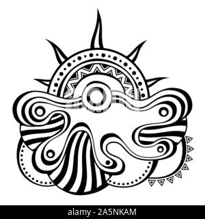 Composizione astratta, isolato su sfondo bianco. Rising Sun. Doodle stile. Tatuaggio Stencil e stampa. Forme geometriche. Surrealista, decorativa. Illustrazione Vettoriale