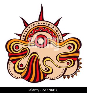 Composizione astratta, isolato su sfondo bianco. Rising Sun. Doodle stile. Tatuaggio Stencil e stampa. Forme geometriche. Surrealista, decorativa. Illustrazione Vettoriale