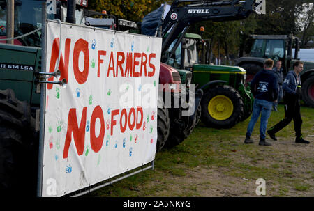 Rendsburg, Germania. 22 ottobre, 2019. Gli agricoltori dimostrano con i loro trattori e un banner 'No agricoltori non alimentare". Su tutto il territorio nazionale, gli agricoltori stanno protestando contro il governo federale della politica agricola comune con manifestazioni. Credito: Carsten Rehder/dpa/Alamy Live News Foto Stock