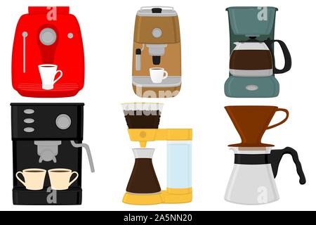 Illustrazione sul tema grande set di colori diversi tipi macchina da caffè, dimensione diversa makers. Macchina per caffè disegno costituito da accessorio di raccolta Illustrazione Vettoriale