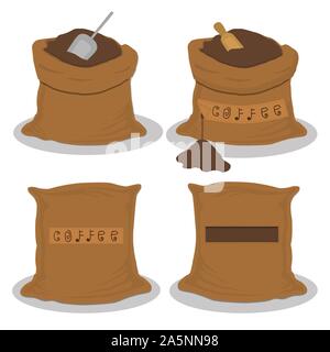 Immagine logo sul tema grande set di colori diversi tipi sacco, nuova icona di dimensione di caffeina. La caffeina disegno costituito da accessorio di raccolta a sacchi. Illustrazione Vettoriale
