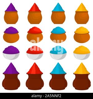 Illustrazione tema colorato grande impostare diversi tipi di tazze colorate, polvere per Holi. Ciotola disegno costituito da accessorio di raccolta polvere holi fes Illustrazione Vettoriale