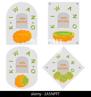 Illustrazione sul tema grande impostare diversi tipi kiwano africani, stelo verde, melone varie dimensioni. Kiwano disegno costituito da farina di raccolta per il melone o Illustrazione Vettoriale