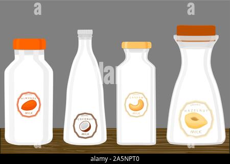 Illustrazione sul tema grande impostare diversi tipi di latte refrigerato, lattiero-caseari di bottiglie di dimensioni diverse. Bevanda di latte consistente di raccolta accessori bottiglie di prodotti lattiero-caseari Illustrazione Vettoriale