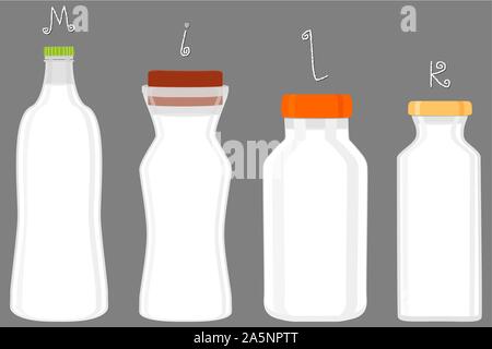 Illustrazione sul tema grande impostare diversi tipi di latte refrigerato, lattiero-caseari di bottiglie di dimensioni diverse. Bevanda di latte consistente di raccolta accessori bottiglie di prodotti lattiero-caseari Illustrazione Vettoriale