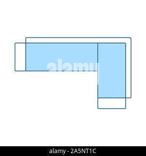 Divano ad angolo e la relativa icona. Linea sottile con riempimento blu Design. Illustrazione Vettoriale. Illustrazione Vettoriale