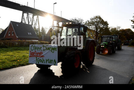 Rendsburg, Germania. 22 ottobre, 2019. La dimostrazione di agricoltori venuti con i trattori per il punto di incontro di un rally. Su tutto il territorio nazionale, gli agricoltori stanno protestando contro il governo federale della politica agricola comune con manifestazioni. Credito: Carsten Rehder/dpa/Alamy Live News Foto Stock