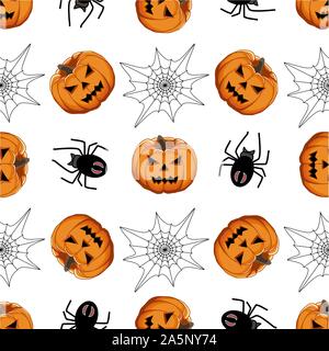 Illustrazione sul tema grande disegno colorato Halloween, seamless arancione zucca. Seamless disegno consistente di zucca raccolta, accessorio a Hallowee Illustrazione Vettoriale