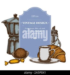 Design badge con caramelle colorate, croissant e pane, tazza di espresso, caffè, zuccheriera, tartufo stock illustrazione Illustrazione Vettoriale