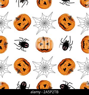 Illustrazione sul tema grande disegno colorato Halloween, seamless arancione zucca. Seamless disegno consistente di zucca raccolta, accessorio a Hallowee Illustrazione Vettoriale