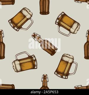 Modello senza cuciture con disegnati a mano tazza colorata di birra, bottiglie di birra stock illustrazione Illustrazione Vettoriale