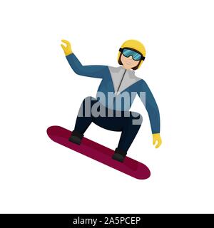 Ragazza snowboarder in un giallo casco da sci ed occhiali andando verso il basso. Piatto isolato illustrazione vettoriale. Illustrazione Vettoriale