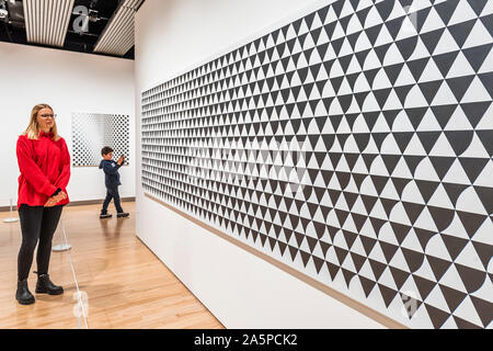 Londra, Regno Unito. 22 ottobre, 2019. Cascando, 2015 - Una grande mostra retrospettiva a Hayward Gallery dedicata al lavoro del celebrato artista britannico Bridget Riley (23 Ottobre 2019 - 26 gennaio 2020). Come uno dei più illustri e artisti di fama internazionale che oggi lavorano, Bridget Riley's approccio pionieristico alla pittura coinvolge il sapiente bilanciamento di forma e colore, producendo un continuo ma estremamente variegata indagine sulla natura di astrazione e percezione. Credito: Guy Bell/Alamy Live News Foto Stock