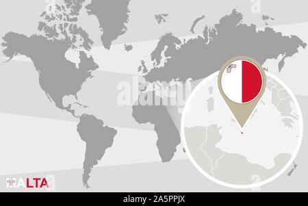 Mappa del mondo con ingrandito di Malta. Bandiera di Malta e la mappa. Illustrazione Vettoriale