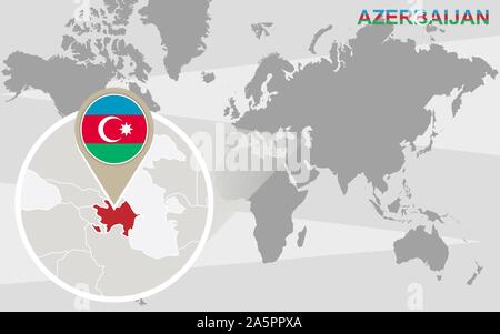 Mappa del mondo con ingrandito in Azerbaigian. Azerbaigian bandiera e la mappa. Illustrazione Vettoriale