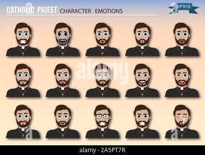 Impostare di un sacerdote cattolico emoticon. Varie le emozioni del personaggio. Set di icone di avatar. Illustrazione Vettoriale. Illustrazione Vettoriale