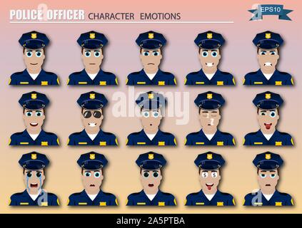 Set di funzionario di polizia emoticon. Varie le emozioni del personaggio. Set di icone di avatar. Illustrazione Vettoriale. Illustrazione Vettoriale