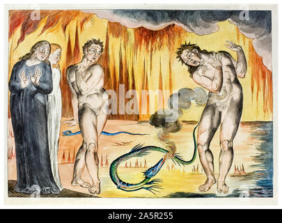 William Blake, Inferno di Dante, il cerchio dei ladri, Buoso Donati attaccato dal serpente, incisione in rilievo, a mano colorata, illustrazione, 1827 Foto Stock