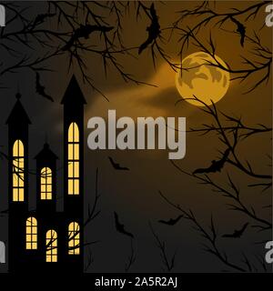 Poster per banner design. Luna di Halloween. Invito alla festa del modello di scheda. Carattere fantasma. Happy halloween biglietto di auguri. Sfondo nero. Scary face Illustrazione Vettoriale