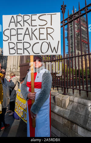 Westminster, Londra, Regno Unito. 22 ott 2019. Un Brexiteer 'crusader' vuole altoparlante di teh House Jihn Bercow arrestato e si erge outide parlamento per ottenere il suo messaggio. Credito: Guy Bell/Alamy Live News Foto Stock