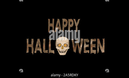 Happy Halloween il testo con un Fantasma spettrale cranio con gli occhi luccicanti isolati su nero. Foto Stock