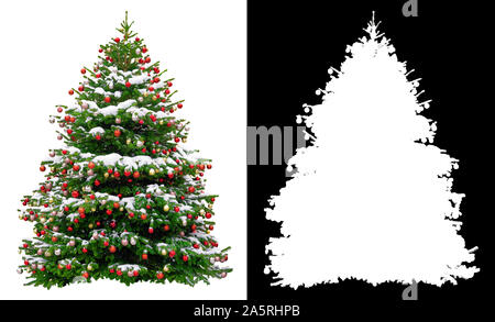 Natale snowy albero decorato con palline rosse isolato su sfondo bianco. Bianco e nero maschera dell albero di Natale Foto Stock